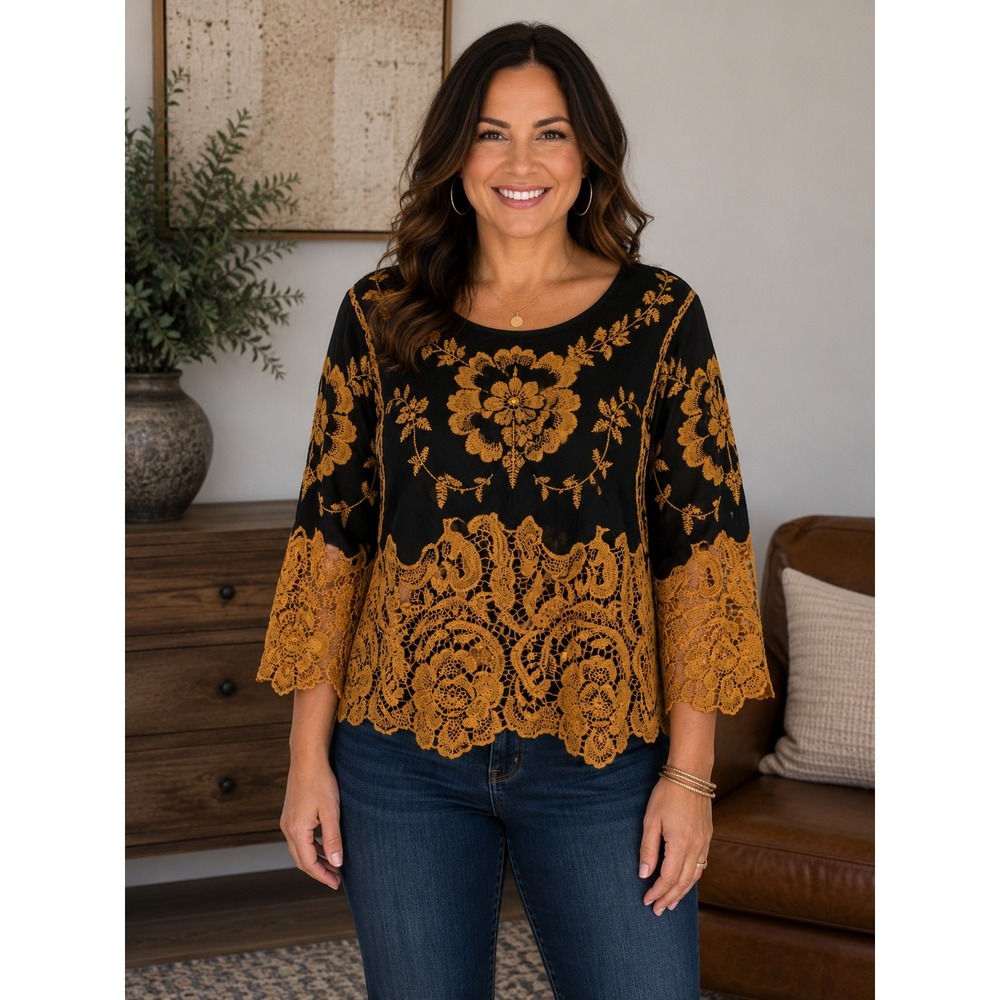 Highness Embroidered Lace Top Womens L/XL Black Gold Boho Long Sleeve NEW
